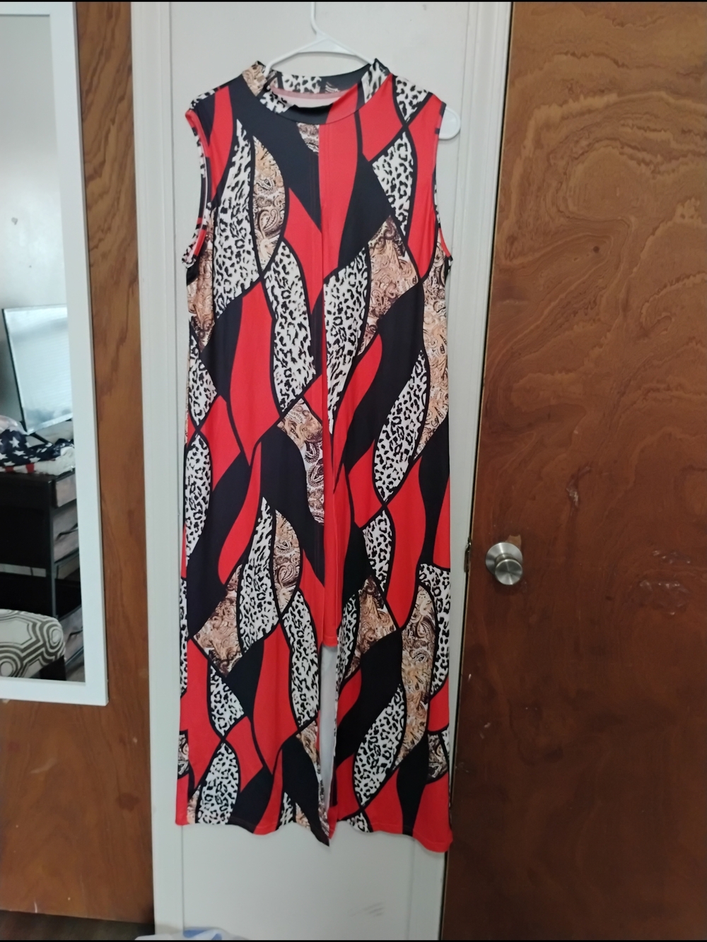 Y2K 90s Style High Low Duster Dress Mock Neck Leopard Mixed Print Bodycon Red